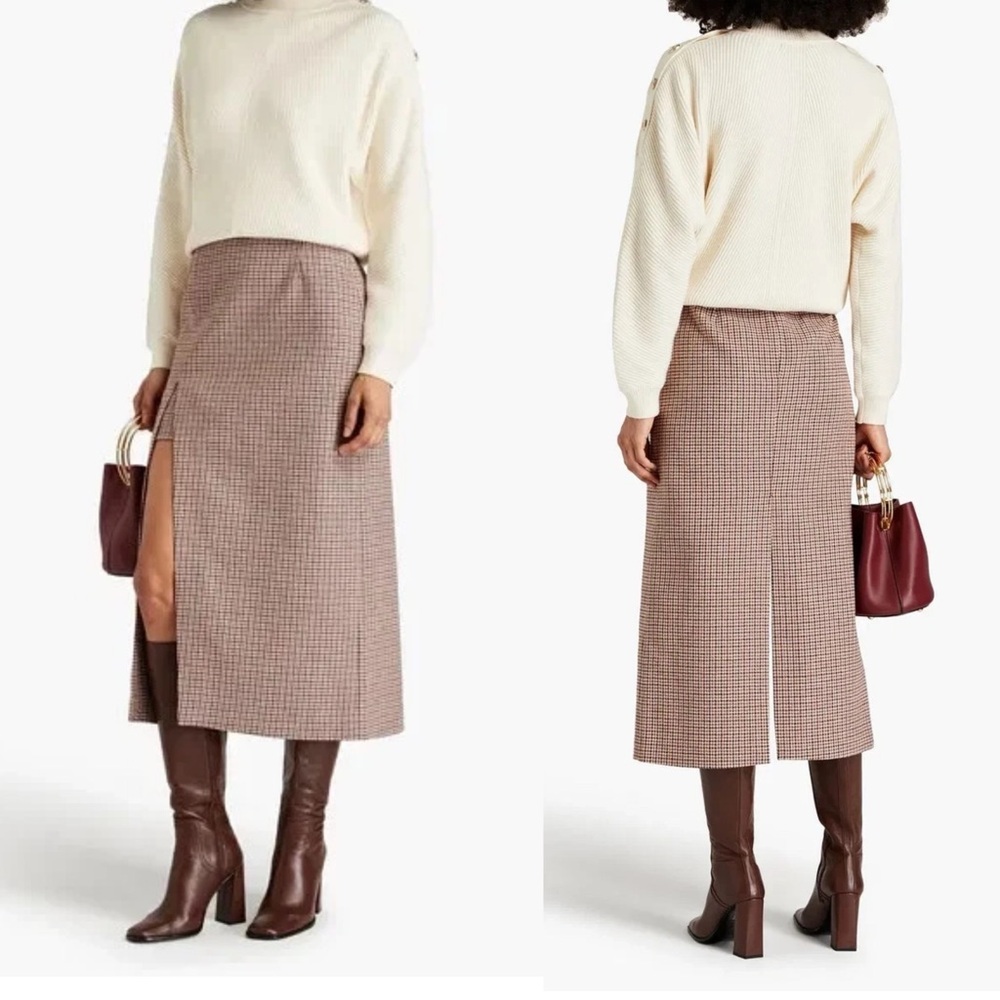 MAJE Jaisa Houndstooth Tweed Midi Skirt In Tan Brown Women's Size 40‎ US L
